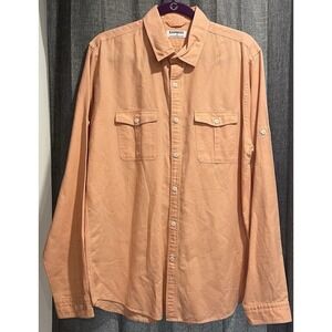 Express Mens Shirt‎ L Peach Flap Pockets Long Sleeve Collared Button Down Linen+